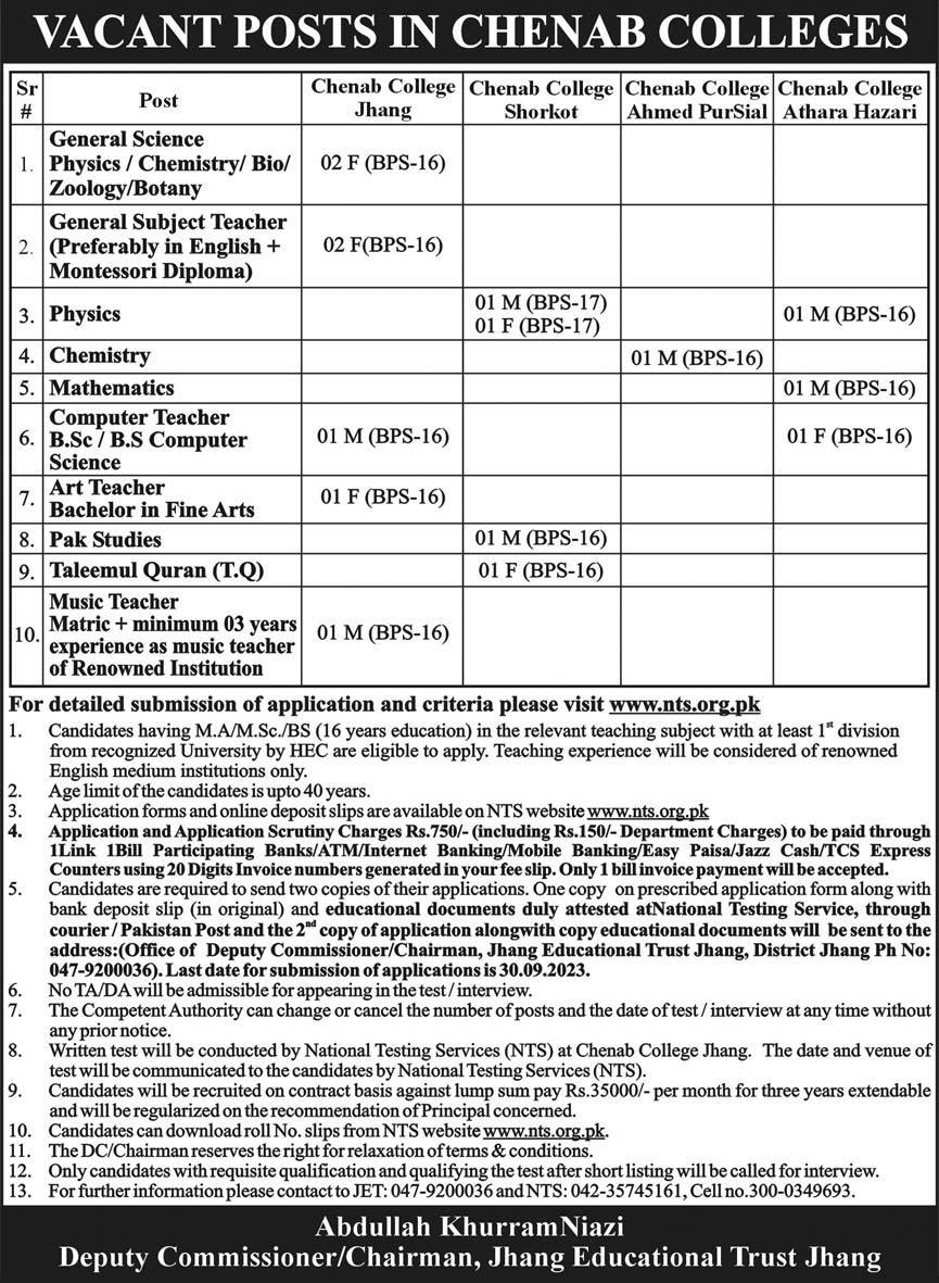 Latest NTS Teaching Jobs 2023 in Chenab Colleges Advertisement