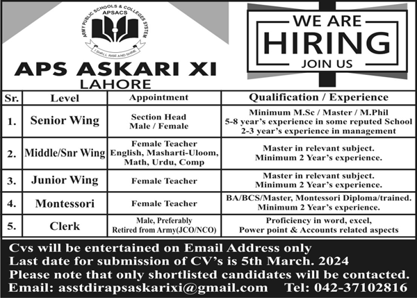 Army Public School APS Askari XI Jobs 2024 Advertisement
